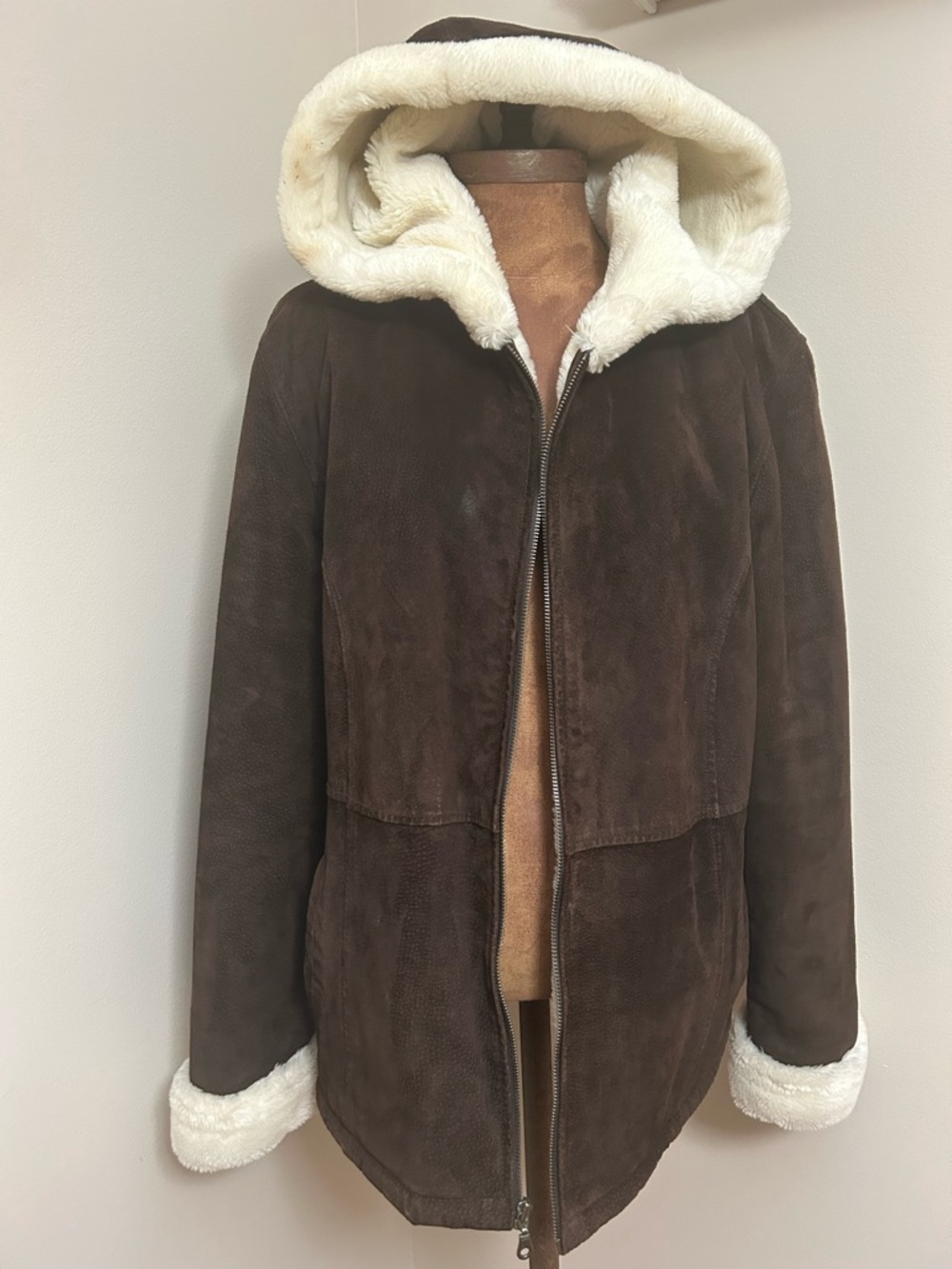 Stephanie Andrew’s Suede Hooded Shearling Jacket with Cream Lining Leather